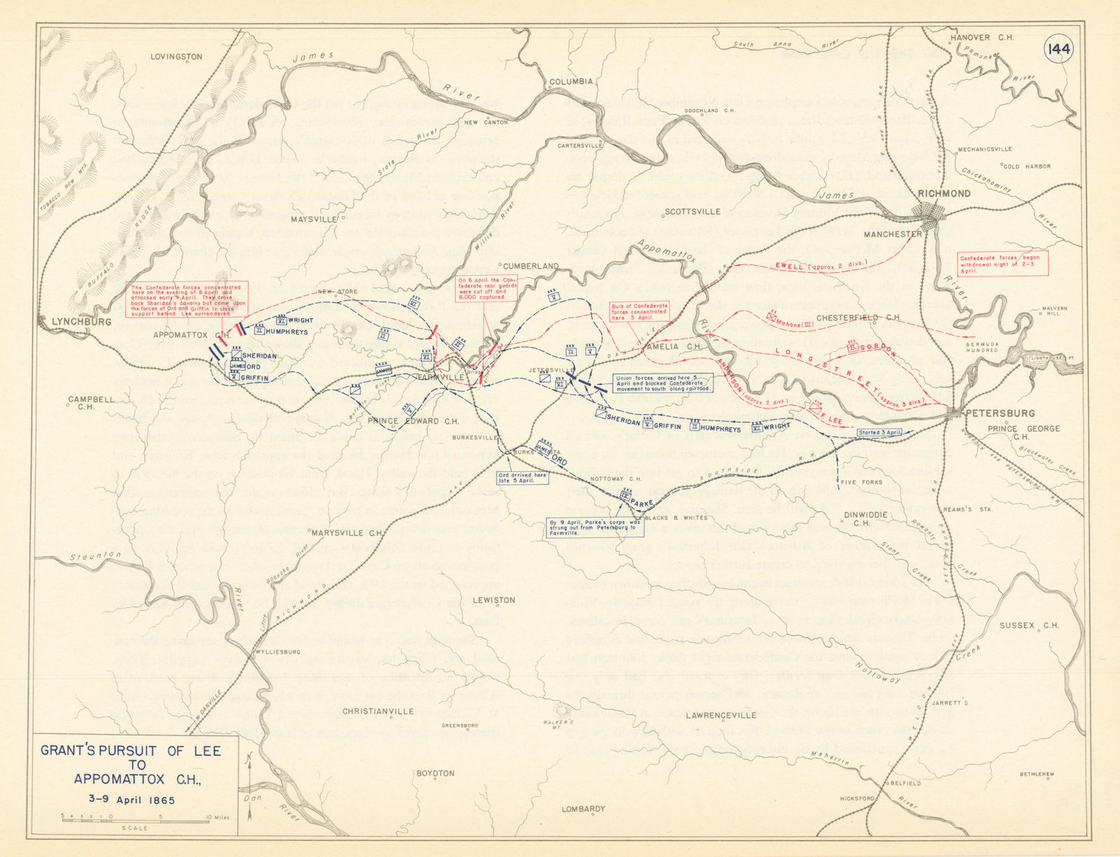 American Civil War. April 1865. Grant pursues Lee to Appomattox Court H 1959 map