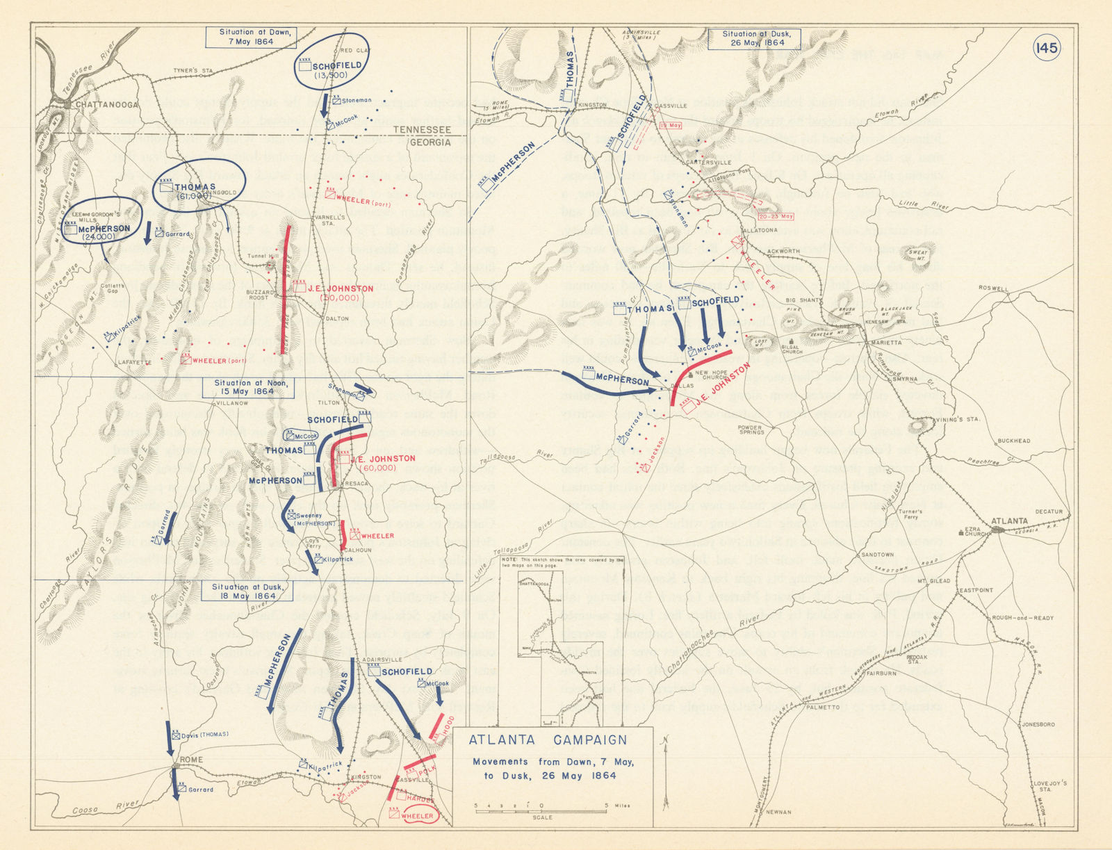 American Civil War. 7-26 May 1864 Atlanta Campaign. Georgia 1959 old map