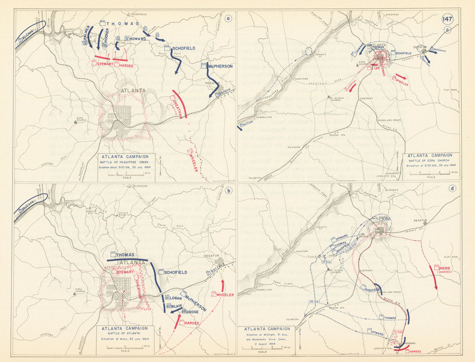 American Civil War. July-August 1864 Atlanta Campaign. Peachtree Creek 1959 map