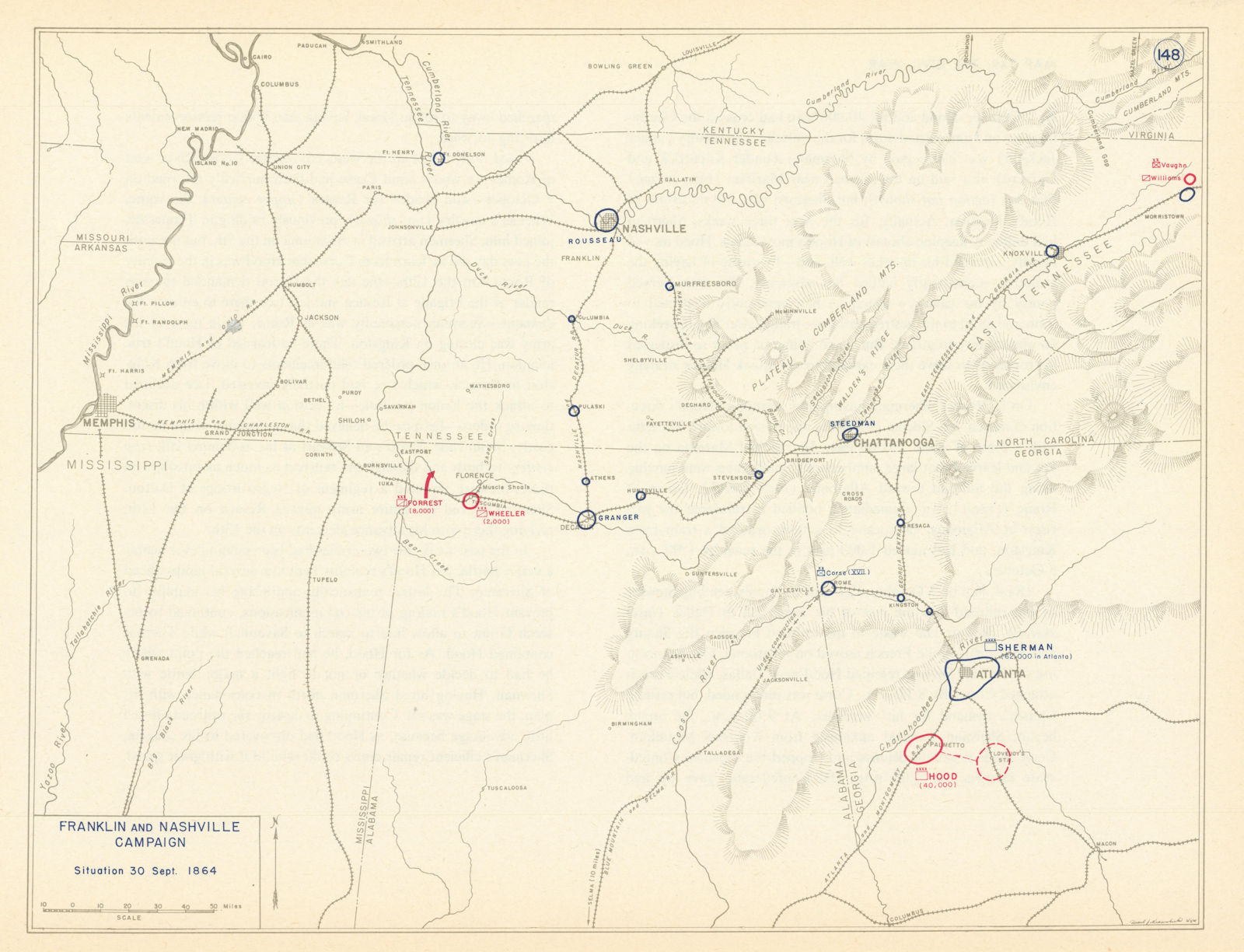 American Civil War. 30 September 1864. Franklin & Nashville Campaign 1959 map