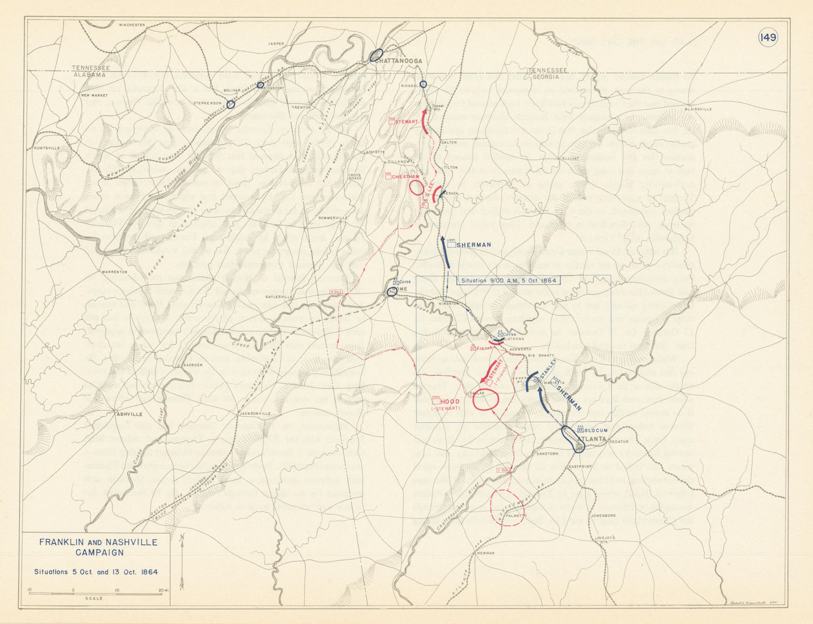 American Civil War. 5-13 October 1864 Franklin & Nashville Campaign 1959 map
