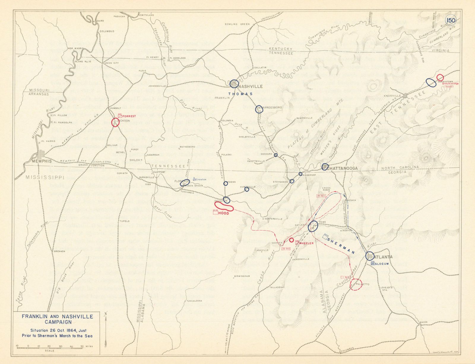 American Civil War. 26 October 1864 Franklin & Nashville Campaign 1959 old map
