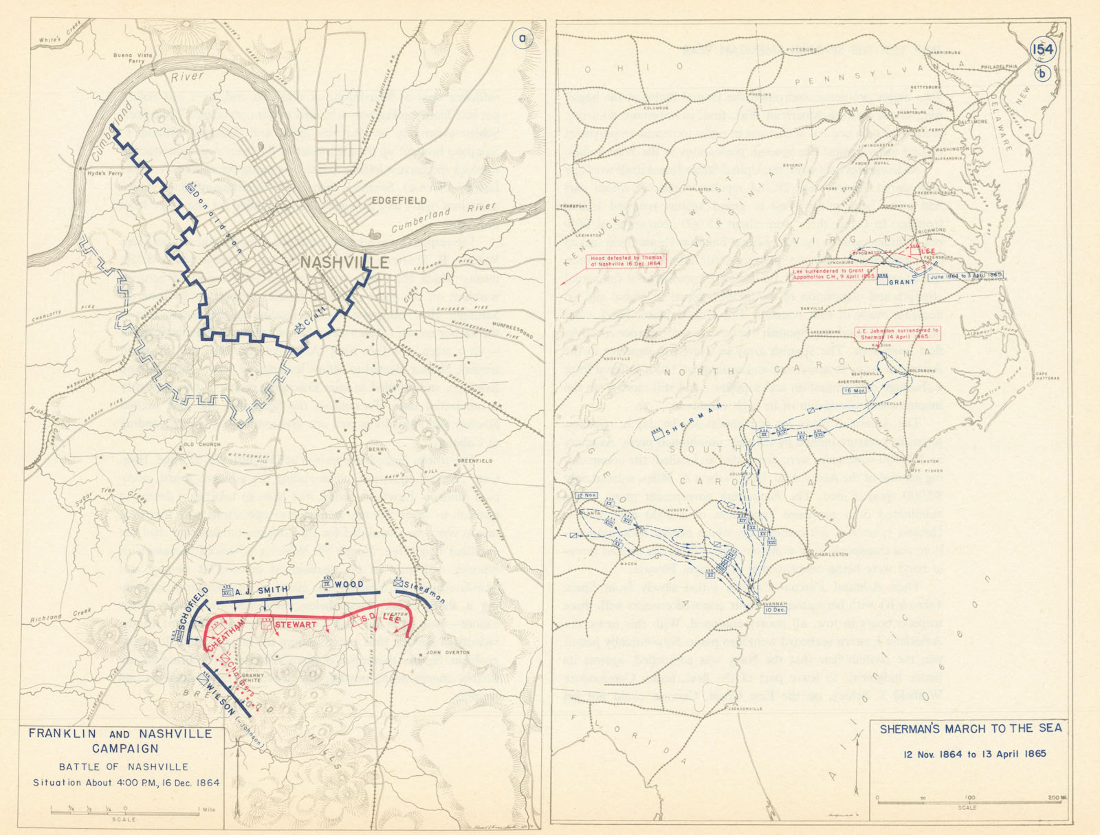 Associate Product American Civil War. 1864-1865 Battle of Nashville. Sherman March to Sea 1959 map