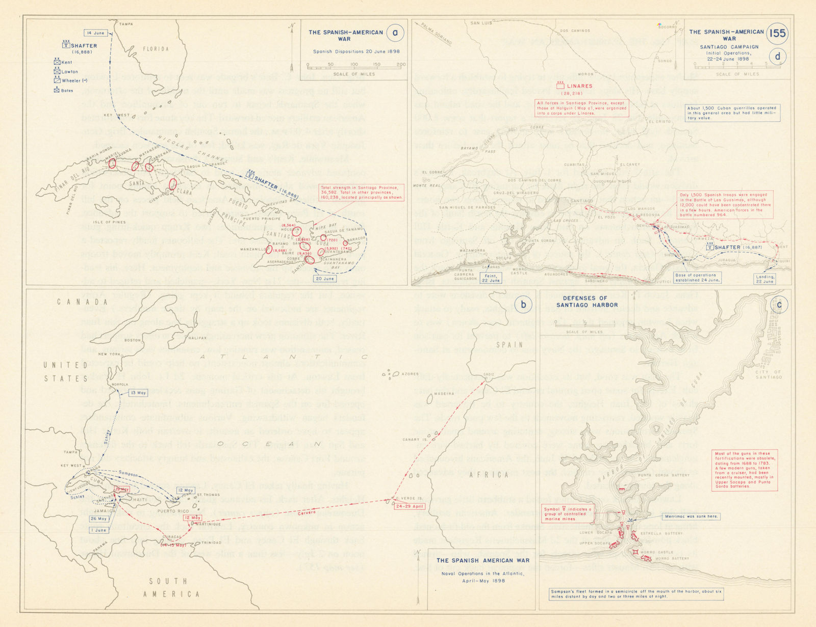 Associate Product Spanish-American War. April-June 1898 Santiago de Cuba Campaign 1959 old map