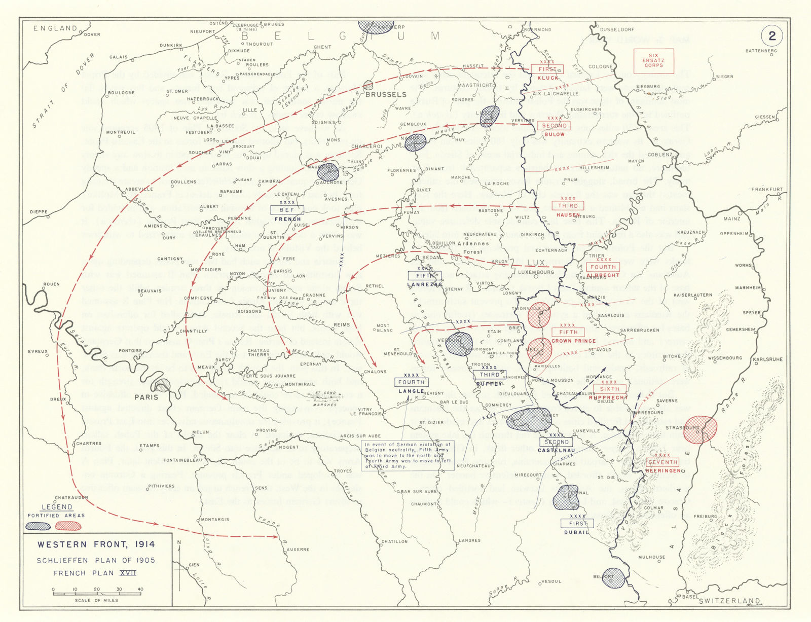 World War 1. Western Front 1914. 1905 Schlieffen Plan. French Plan XVII 1959 map