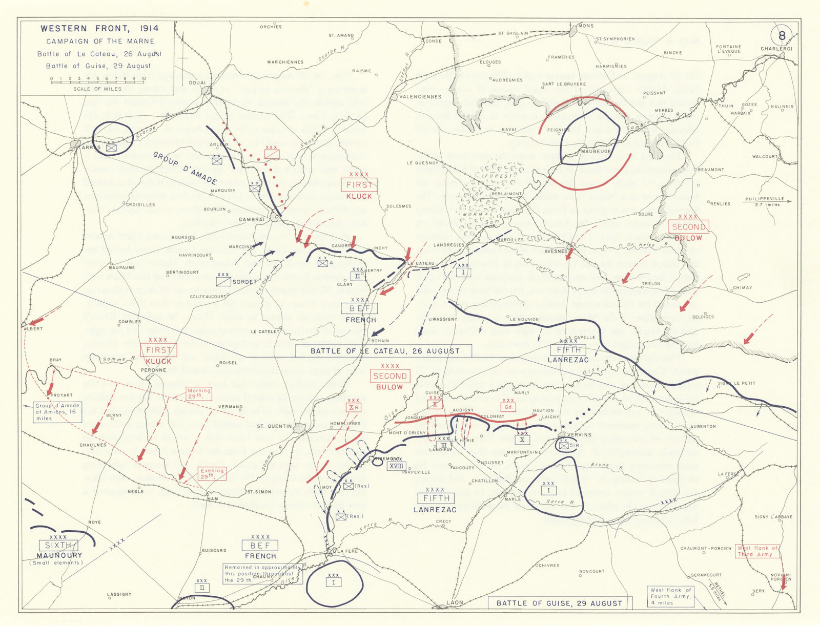 Associate Product World War 1. Western Front August 1914 Marne. Le Cateau & Guise Battles 1959 map