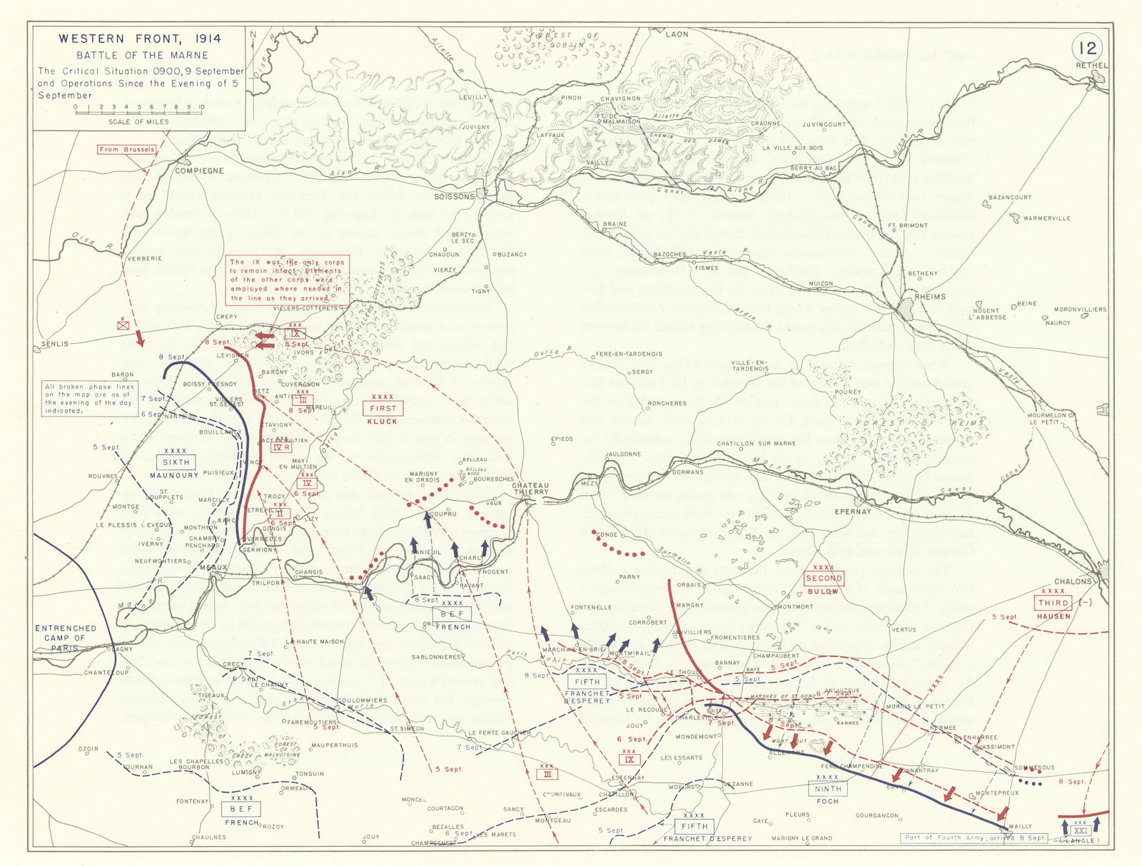 World War 1. Western Front 5-9 September 1914. Battle of the Marne 1959 map