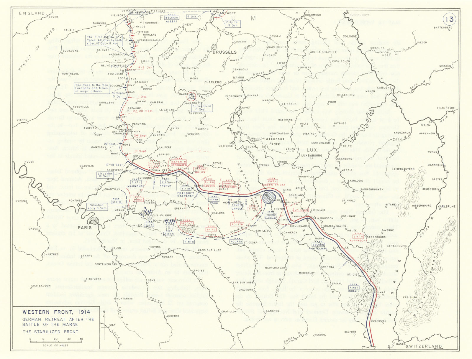 World War 1. Western Front Sept-Nov 1914. German Retreat from Marne 1959 map