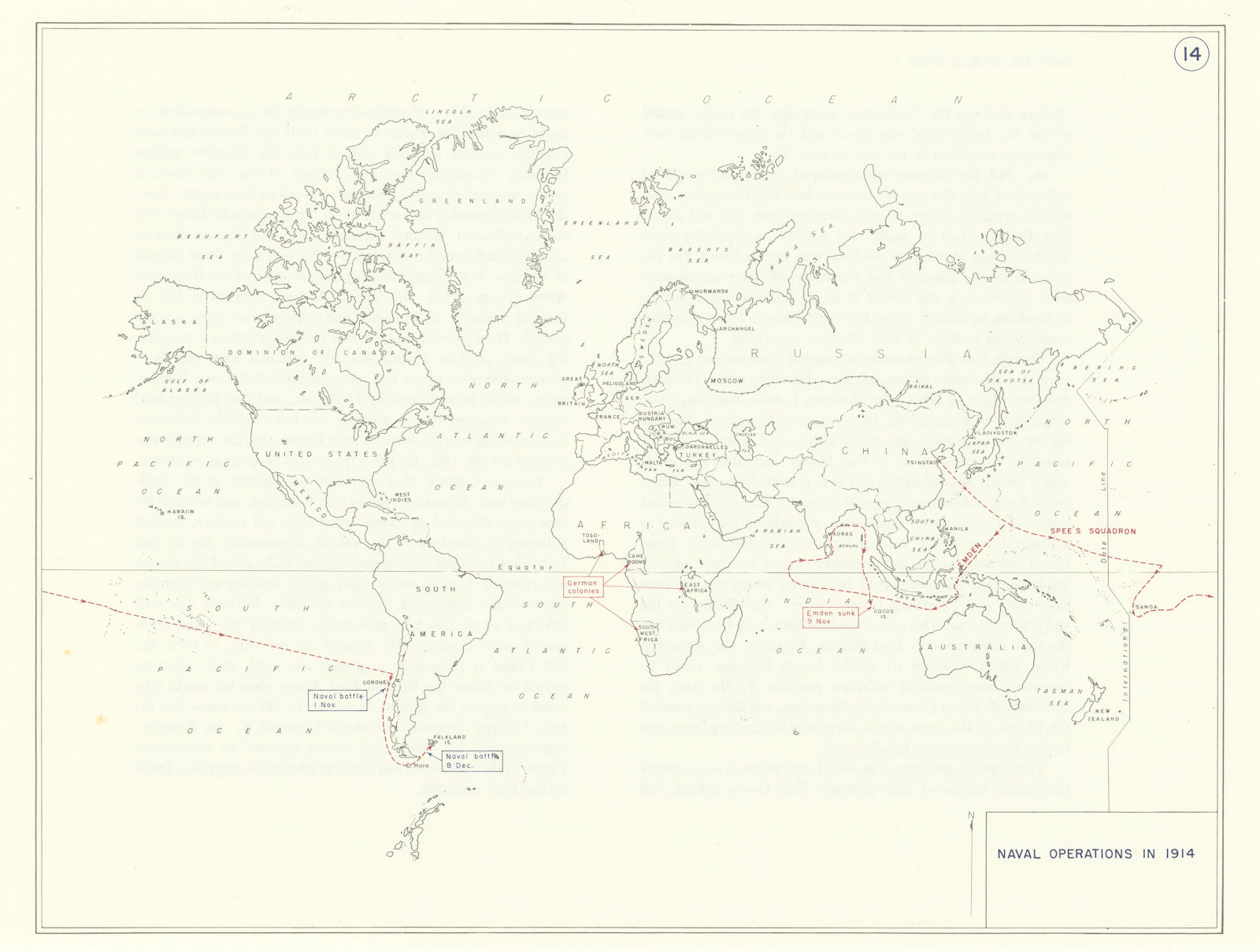 World War 1 Naval Operations 1914. Track of Spee's Squadron. Emden sunk 1959 map