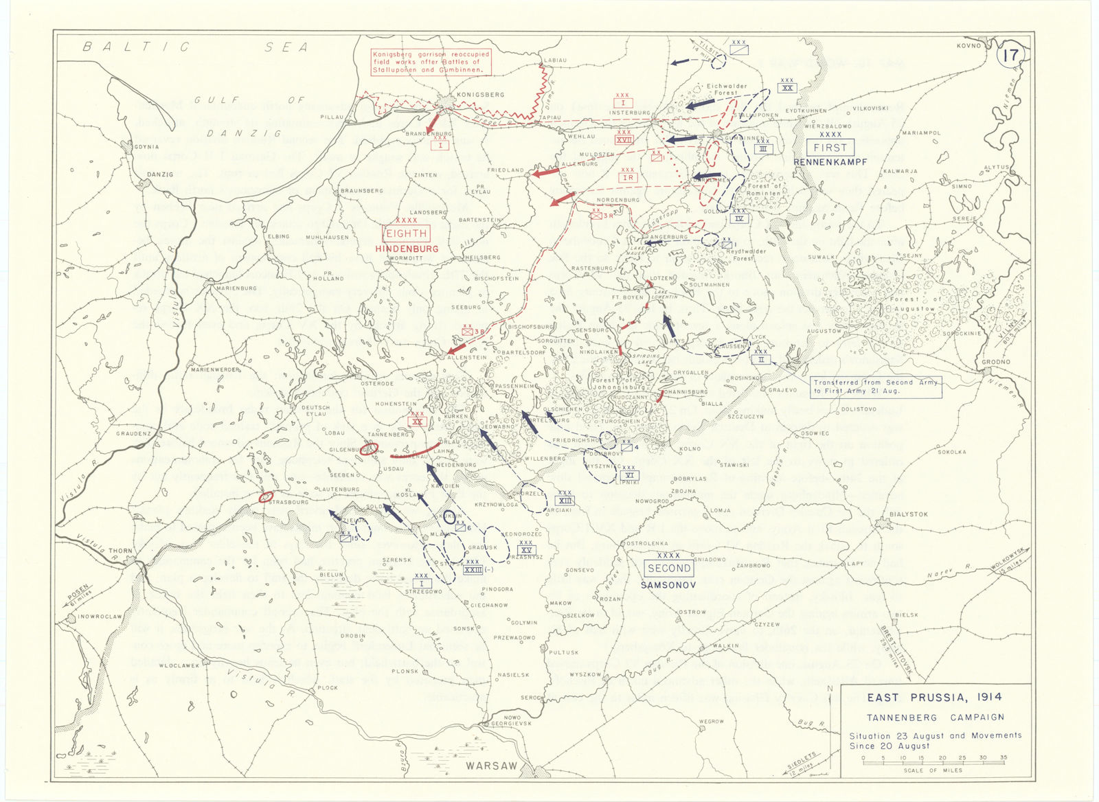 World War 1. East Prussia 20-23 August 1914. Tannenberg Campaign 1959 old map