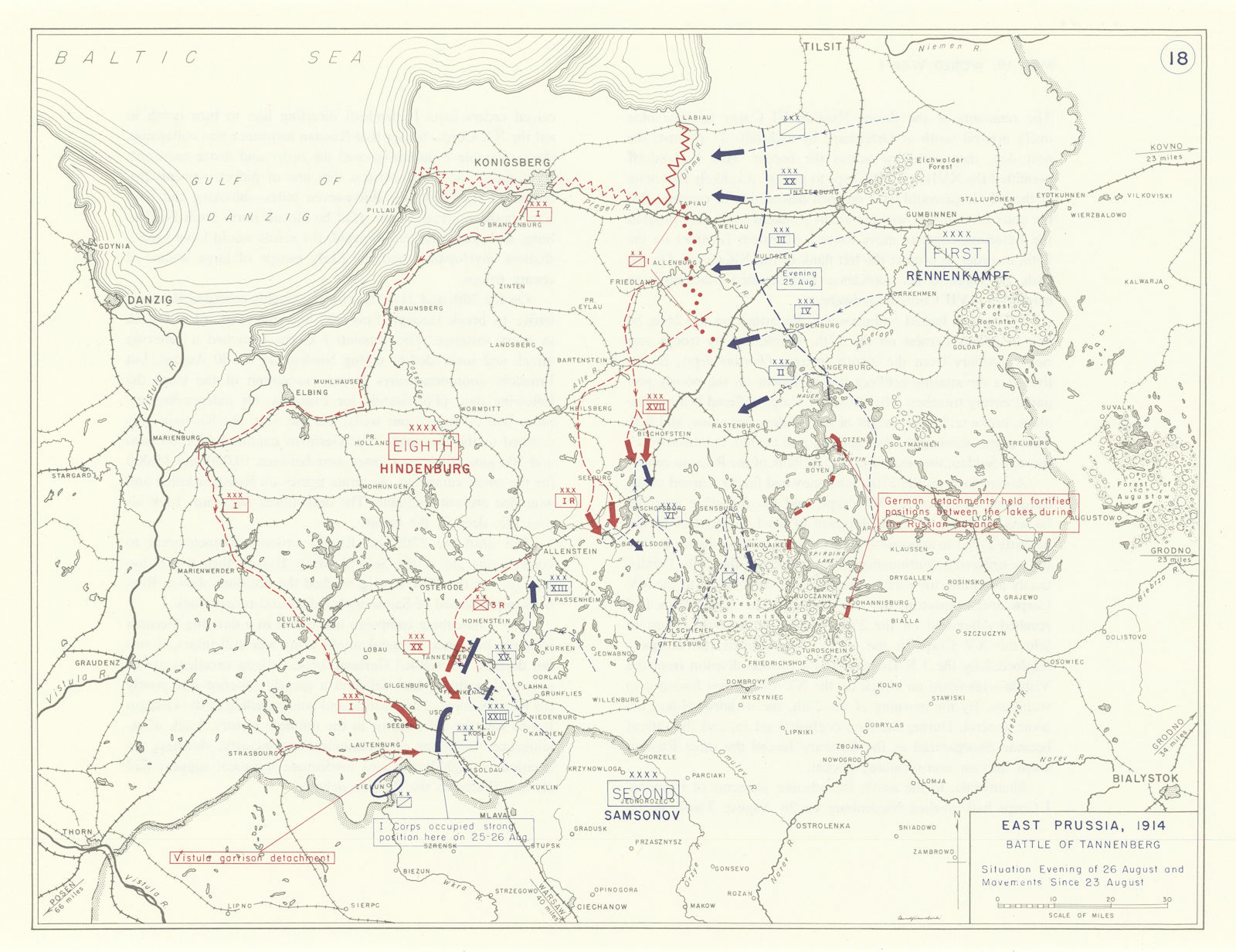 Associate Product World War 1. East Prussia 23-26 August 1914. Battle of Tannenberg 1959 old map
