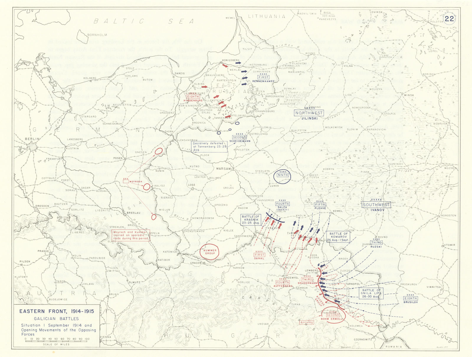 World War 1. Eastern Front Aug 1914 Krasnik Komarov Gnila Lipa battles 1959 map