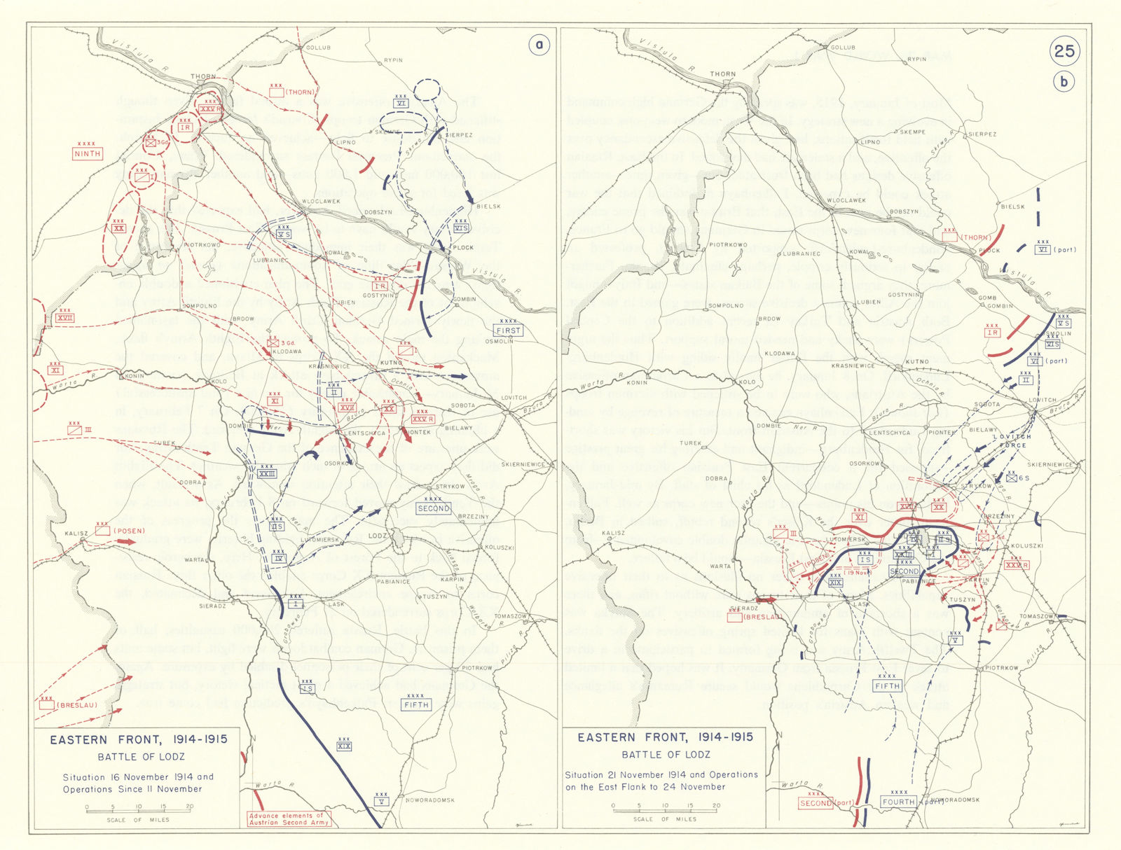 World War 1. Eastern Front 11-24 November 1914. Battle of Lodz 1959 old map