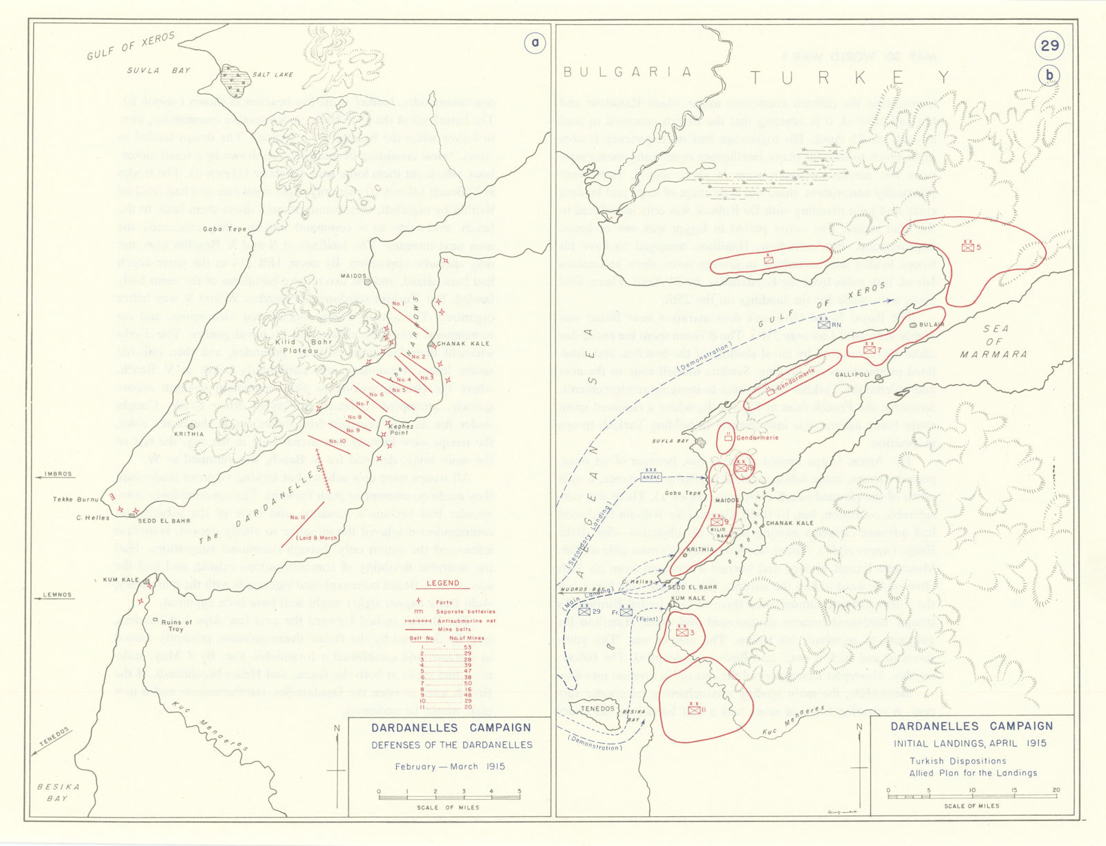 World War 1. Dardanelles Campaign. Defenses & April 1915 landings 1959 old map