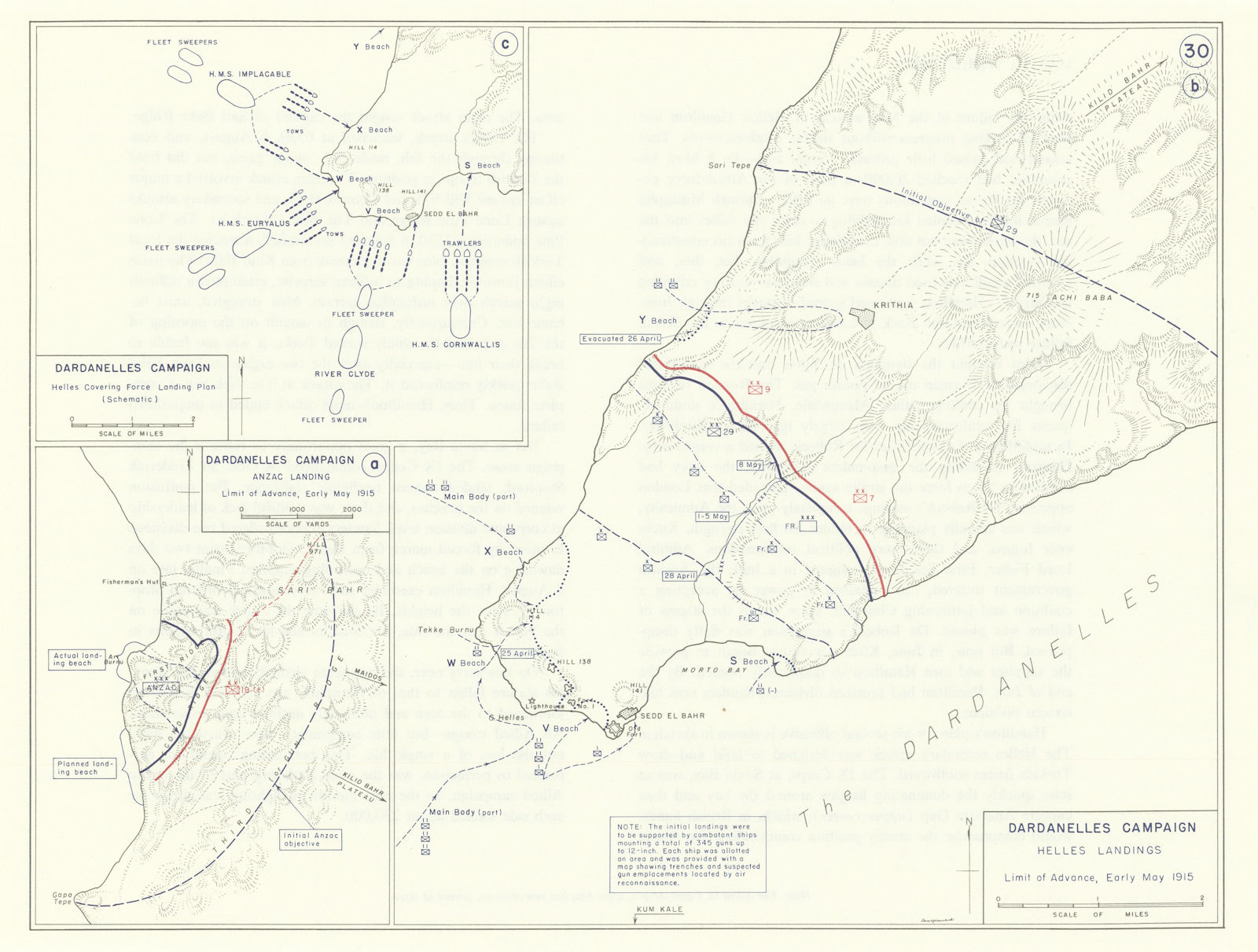 World War 1. Dardanelles Campaign May 1915. Helles & Anzac landings 1959 map