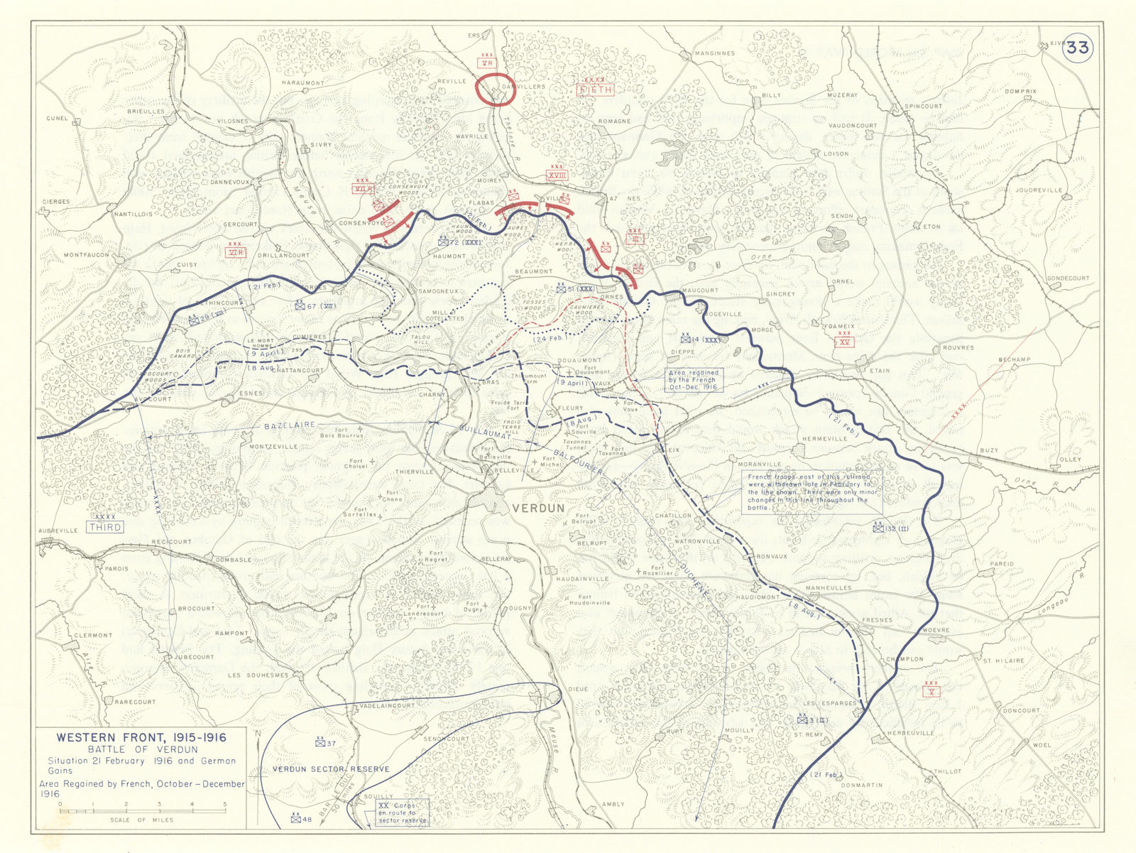 Associate Product World War 1 Western Front 1915-1916 Battle of Verdun German/French gain 1959 map