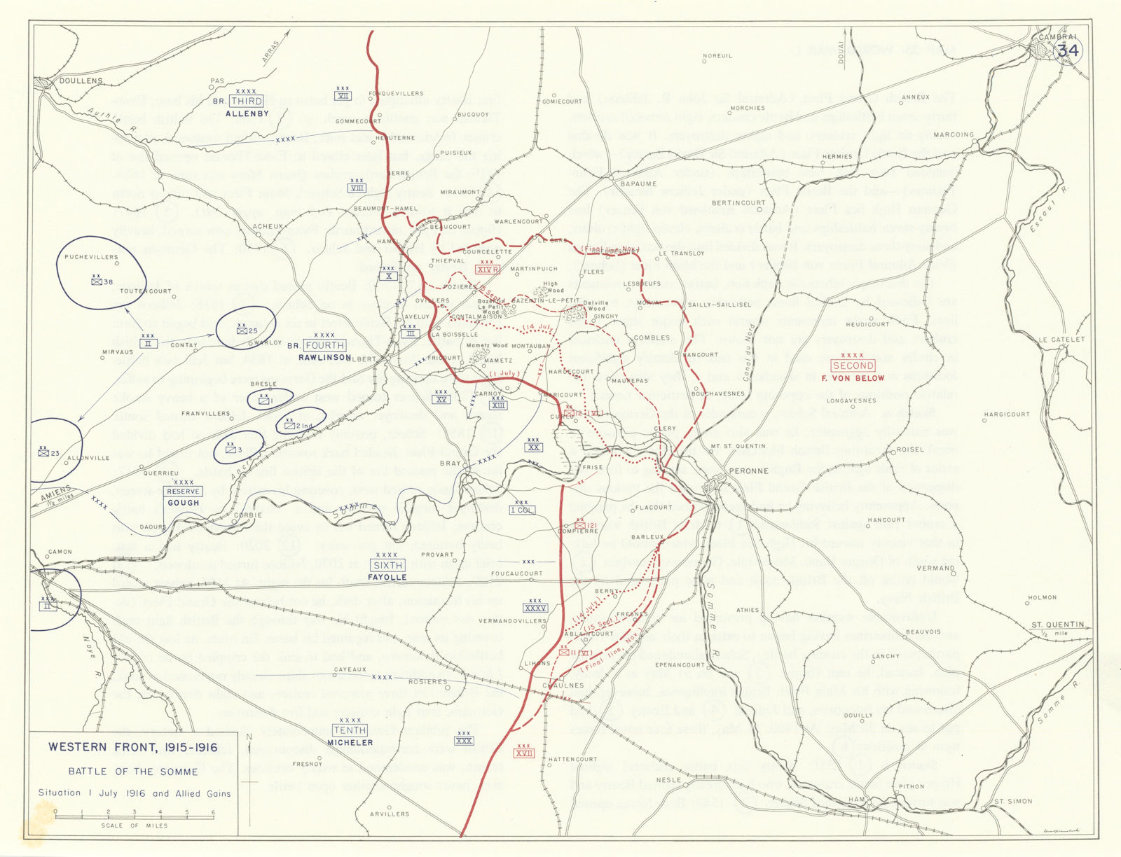 World War 1. Western Front 1915-1916. Battle of the Somme. Allied Gains 1959 map