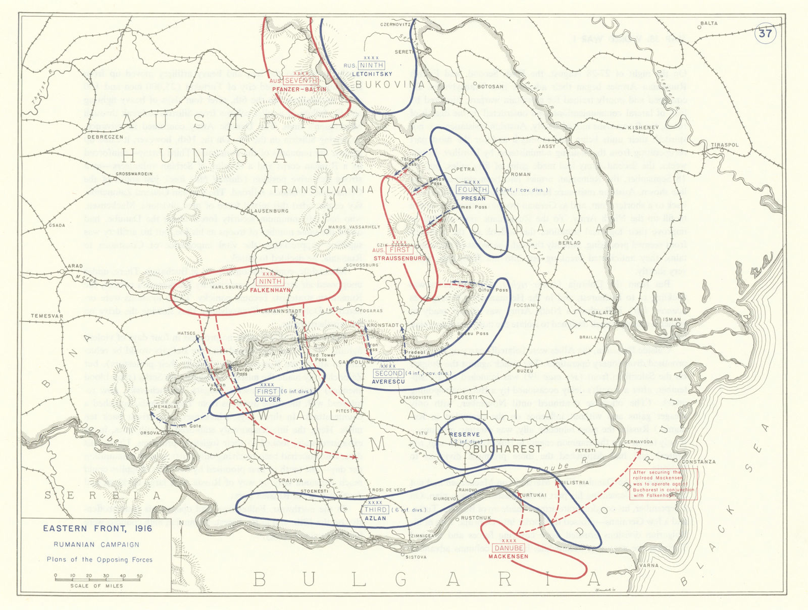 World War 1. Eastern Front 1916. Rumanian Campaign. Opposing Forces 1959 map