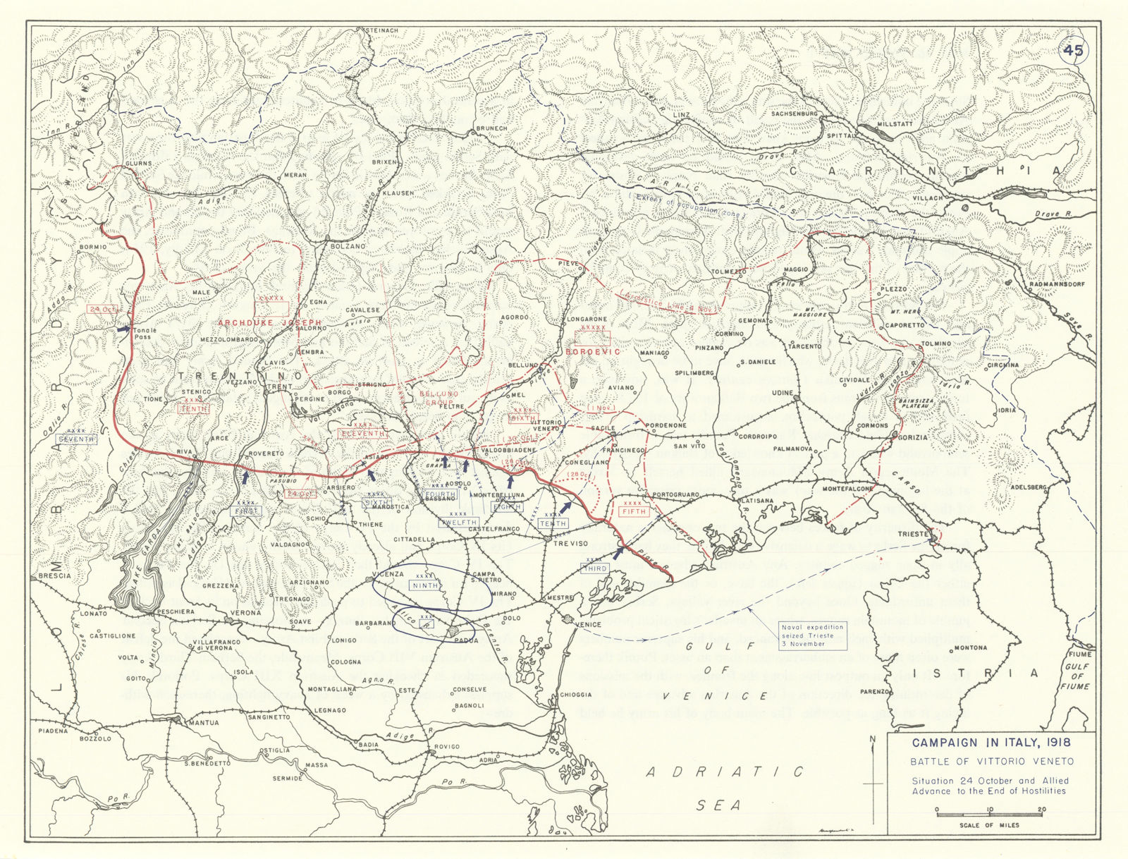 World War 1. Italy Campaign Oct-Nov 1918. Battle of Vittorio Veneto 1959 map