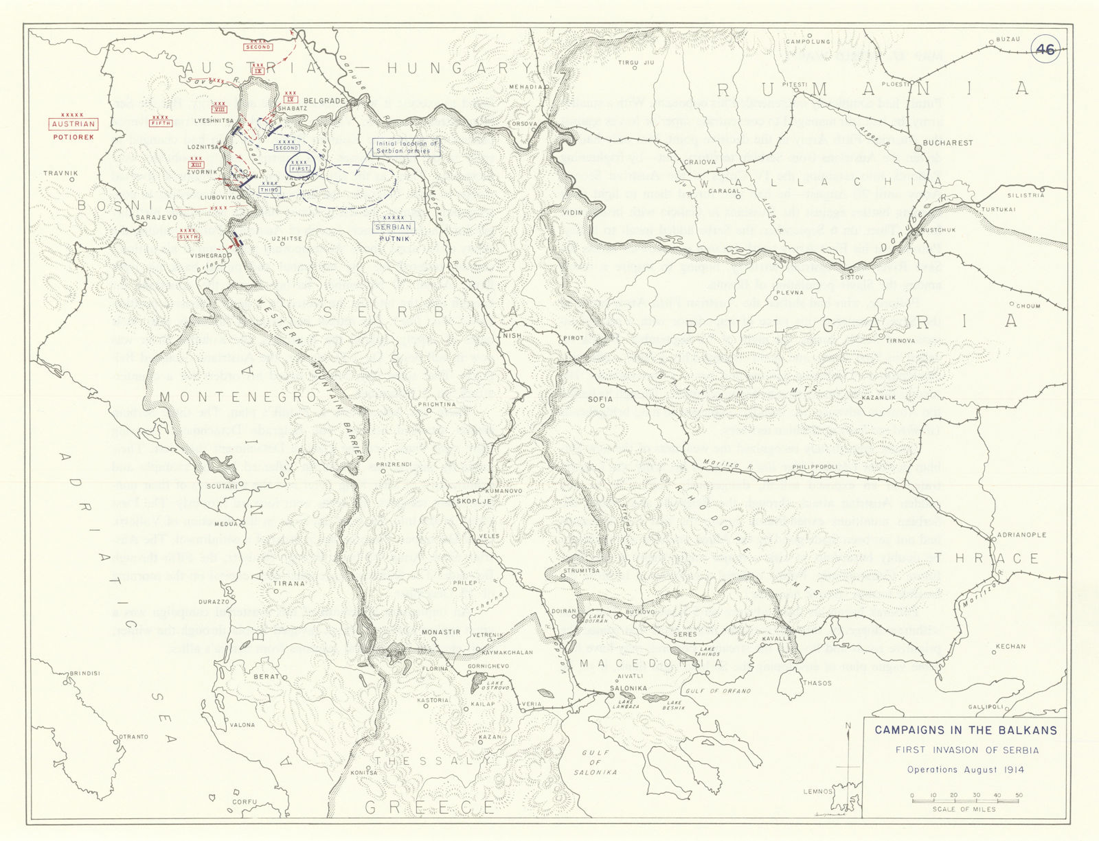 World War 1. Balkans Campaign. August 1914. First Invasion of Serbia 1959 map