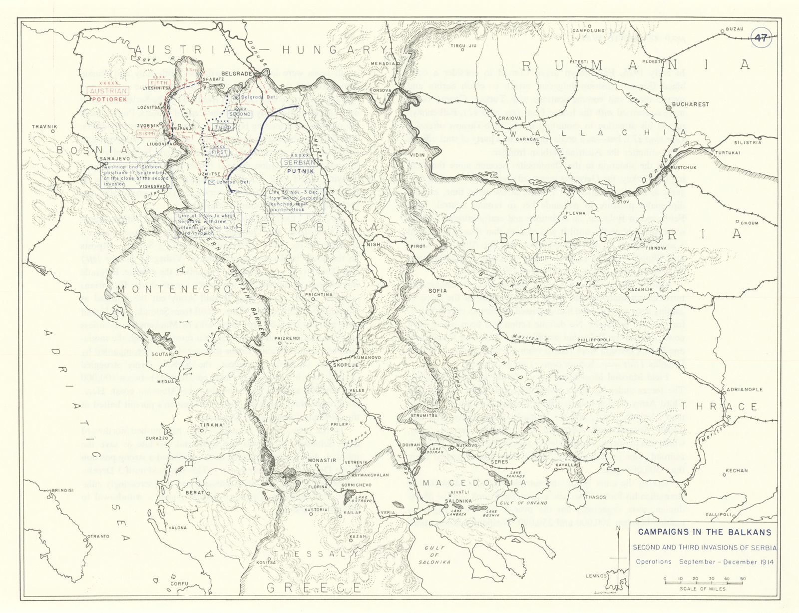 World War 1 Balkans Campaign Sept-Dec 1914. 2nd/3rd Invasions of Serbia 1959 map