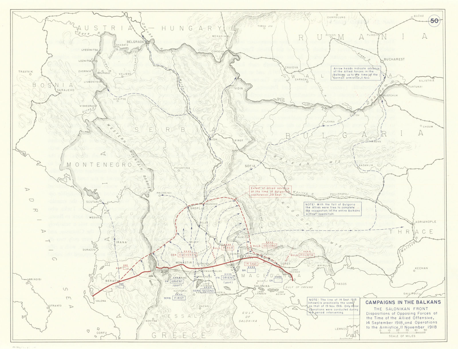 World War 1. Balkans Campaign. Sept-Nov 1918 Salonika Front 1959 old map