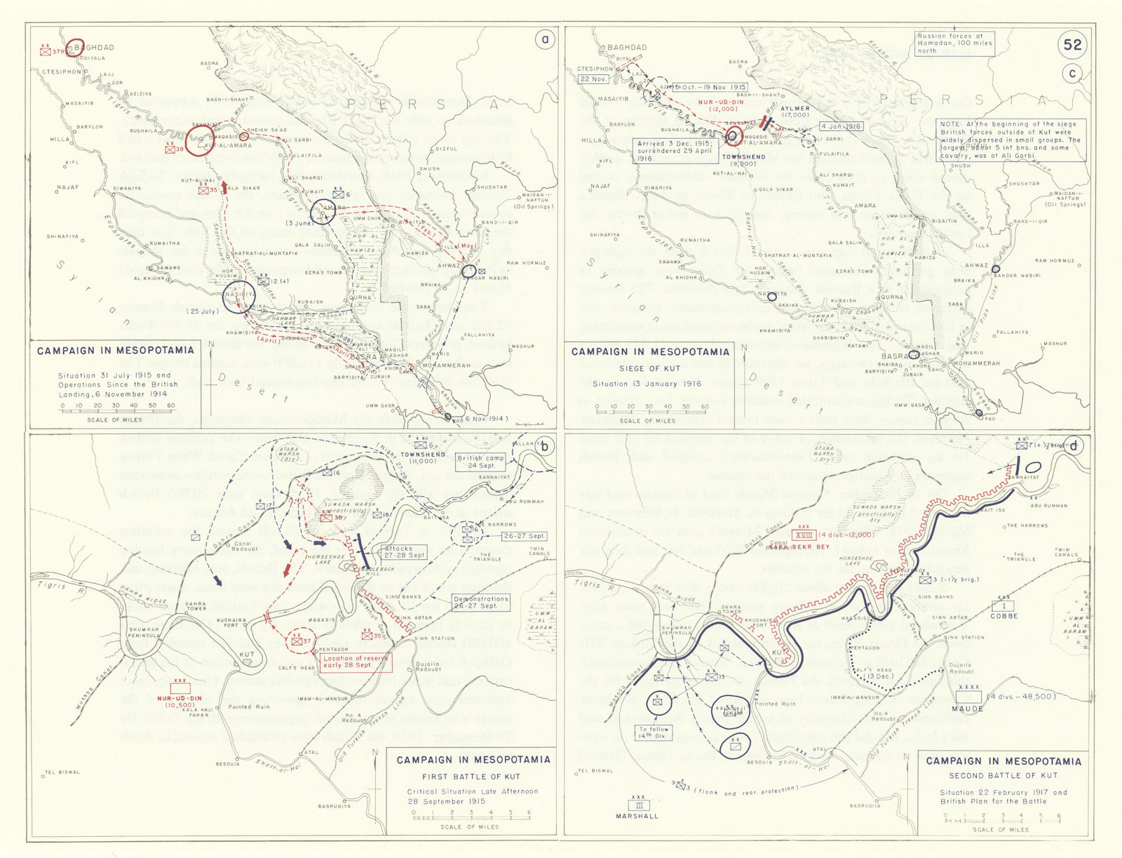 World War 1. Mesopotamia campaign 1914-1917. Battle/Siege of Kut. Iraq 1959 map