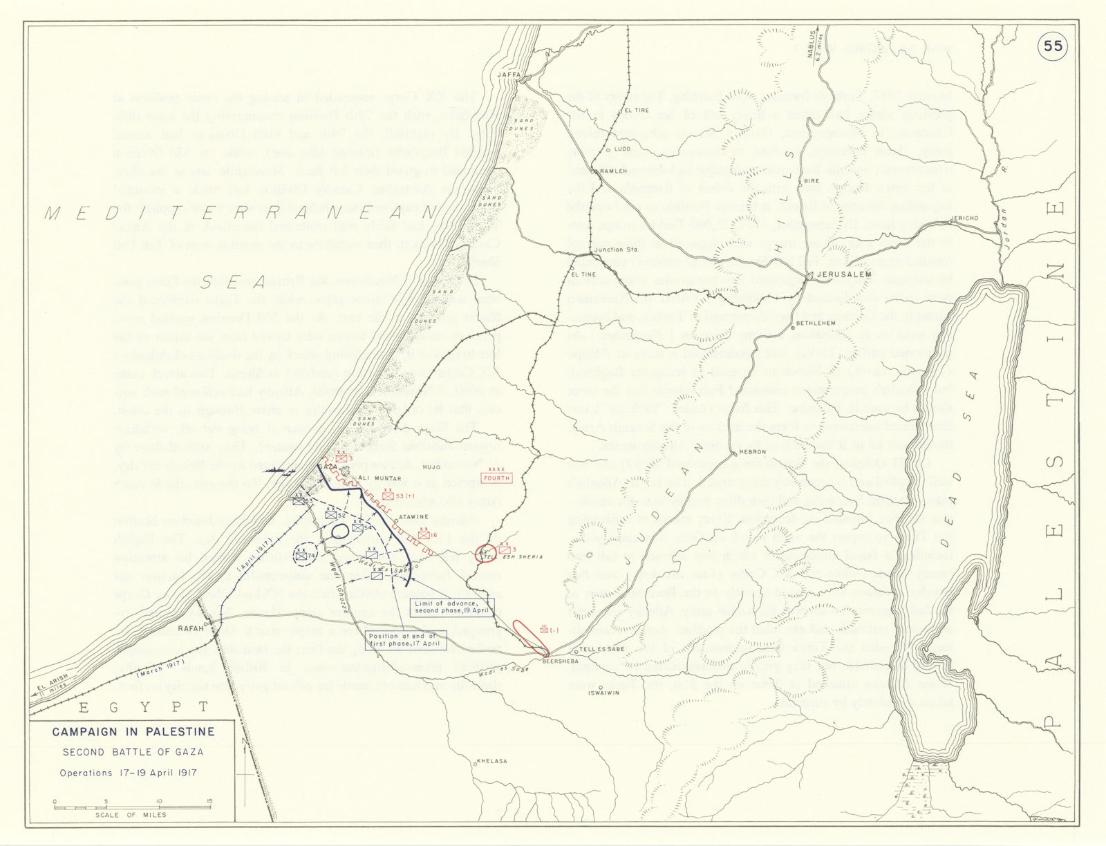 World War 1 Palestine Campaign. April 1917 2nd Battle of Gaza. Israel 1959 map