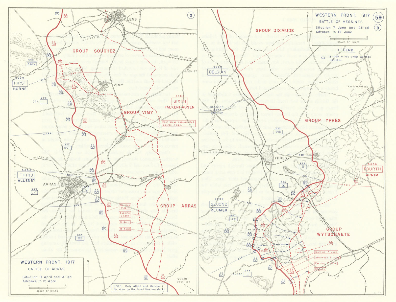 World War 1. Western Front April-June 1917. Battle of Arras & Messines 1959 map