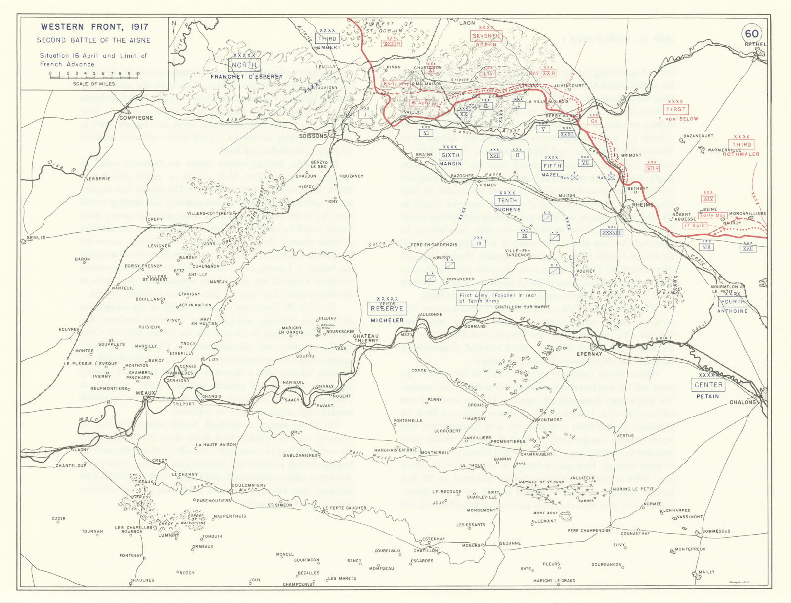 World War 1. Western Front 16 April 1917. Second Battle of the Aisne 1959 map