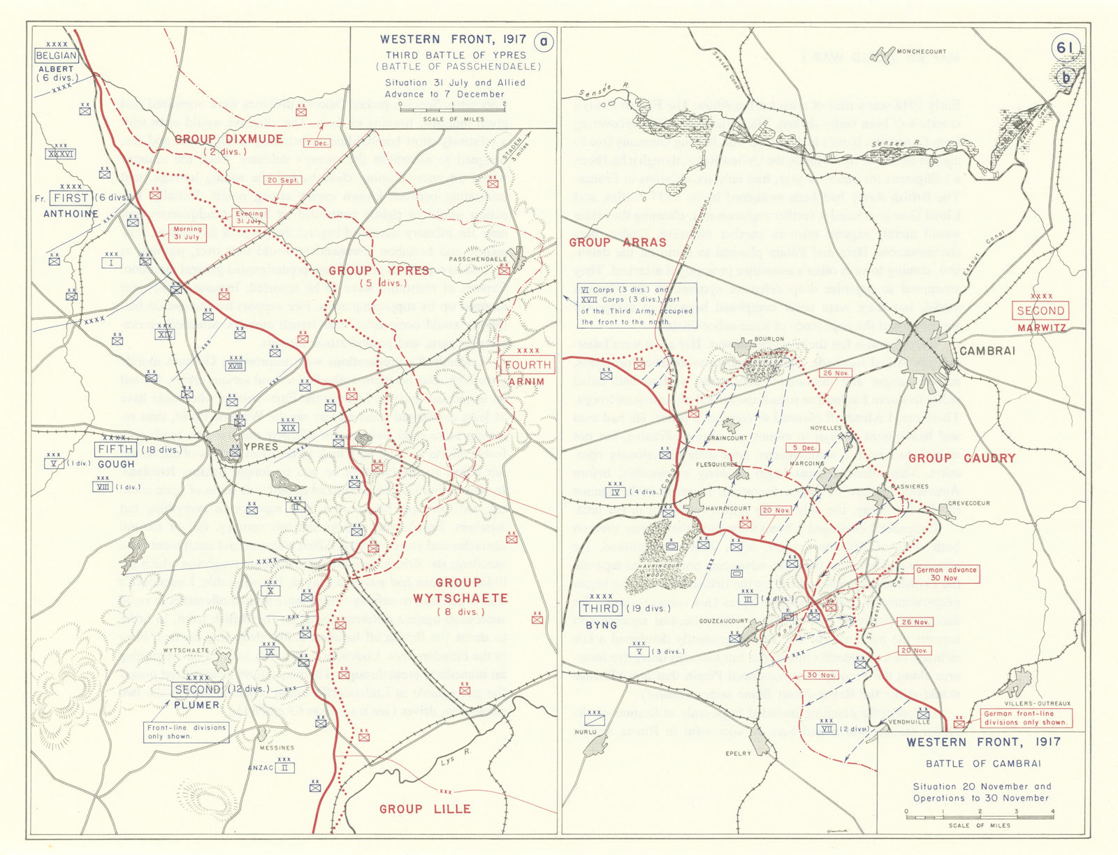World War 1. Western Front 1917. Battles of Passchendaele & Cambrai 1959 map