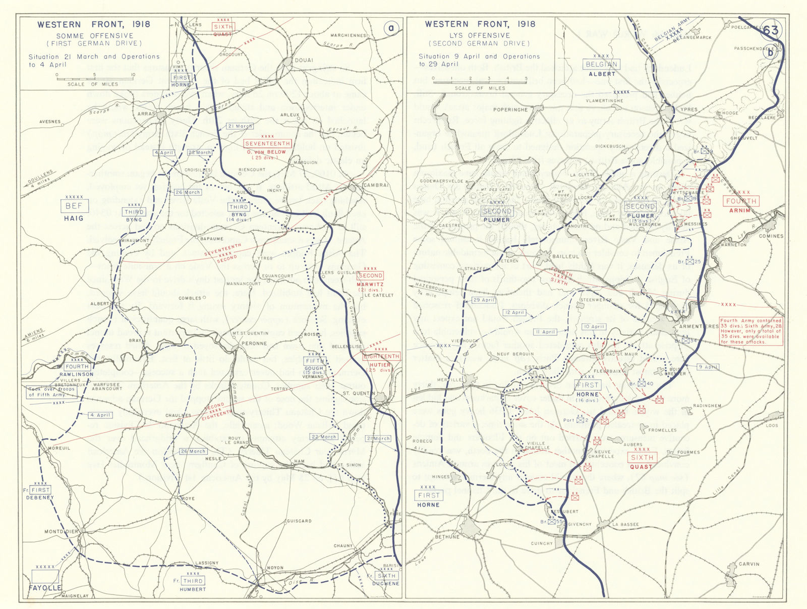 World War 1. Western Front March-April 1918. Somme & Lys offensives 1959 map