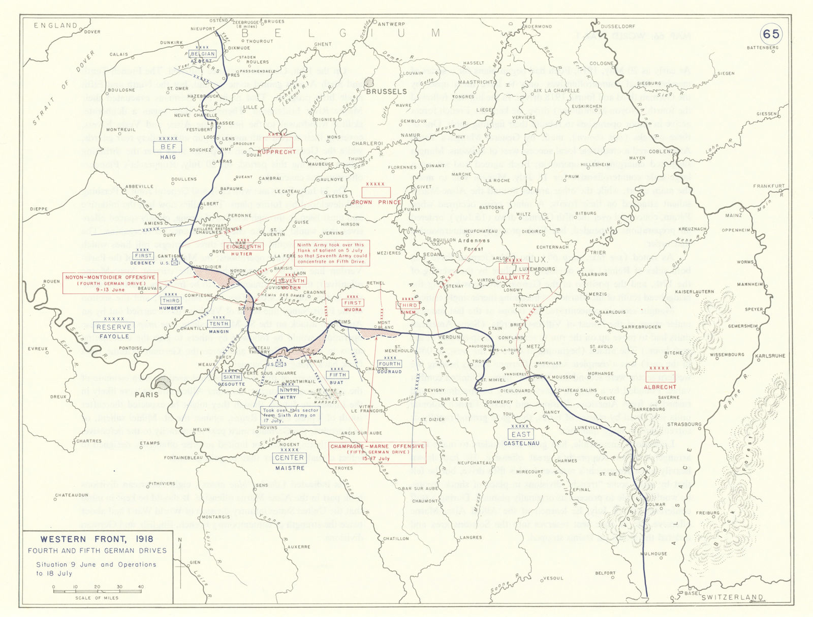 World War 1. Western Front June-July 1918. German Spring offensives 1959 map
