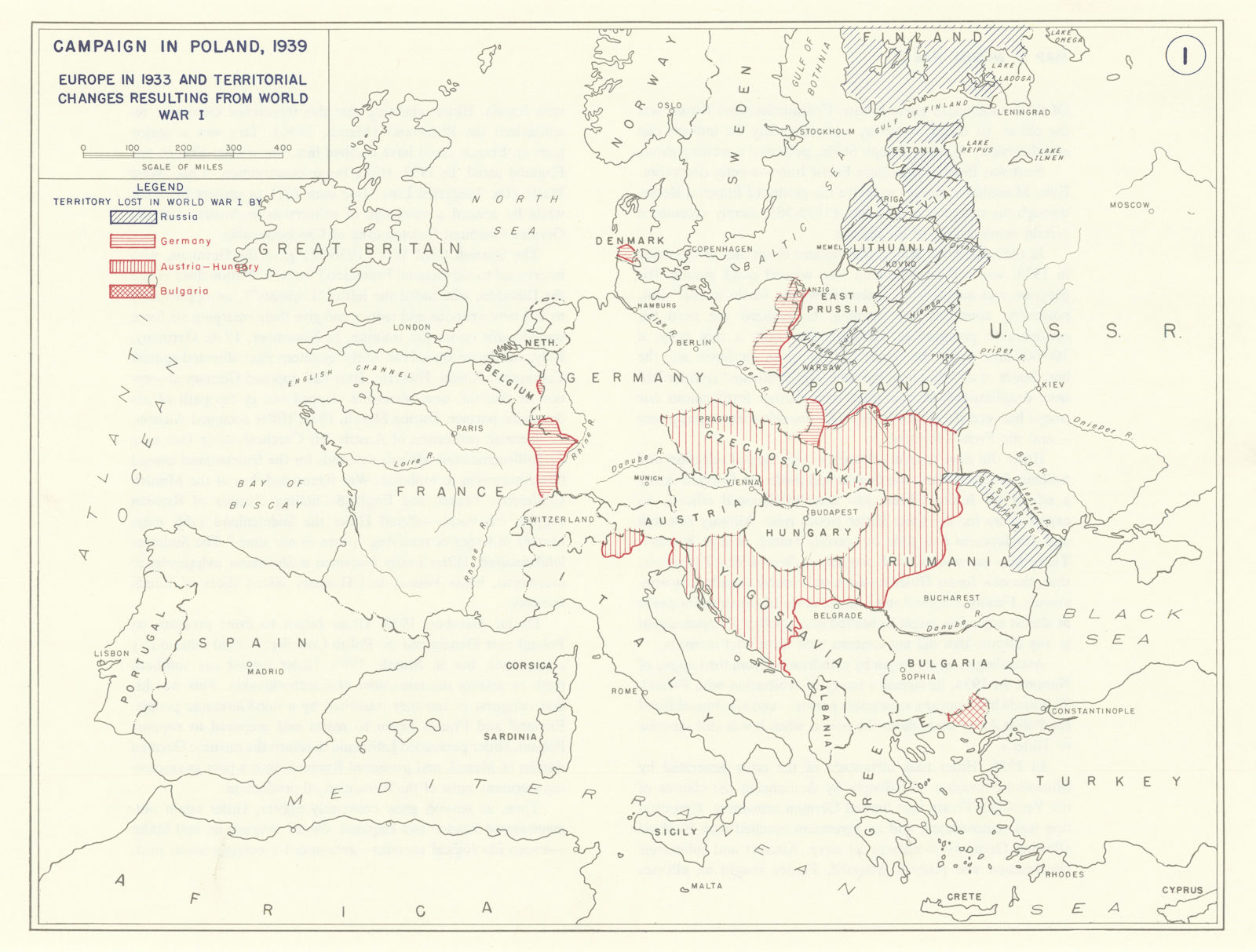 Europe 1933. Russia Germany Austria-Hungary World War 1 territory loss 1959 map