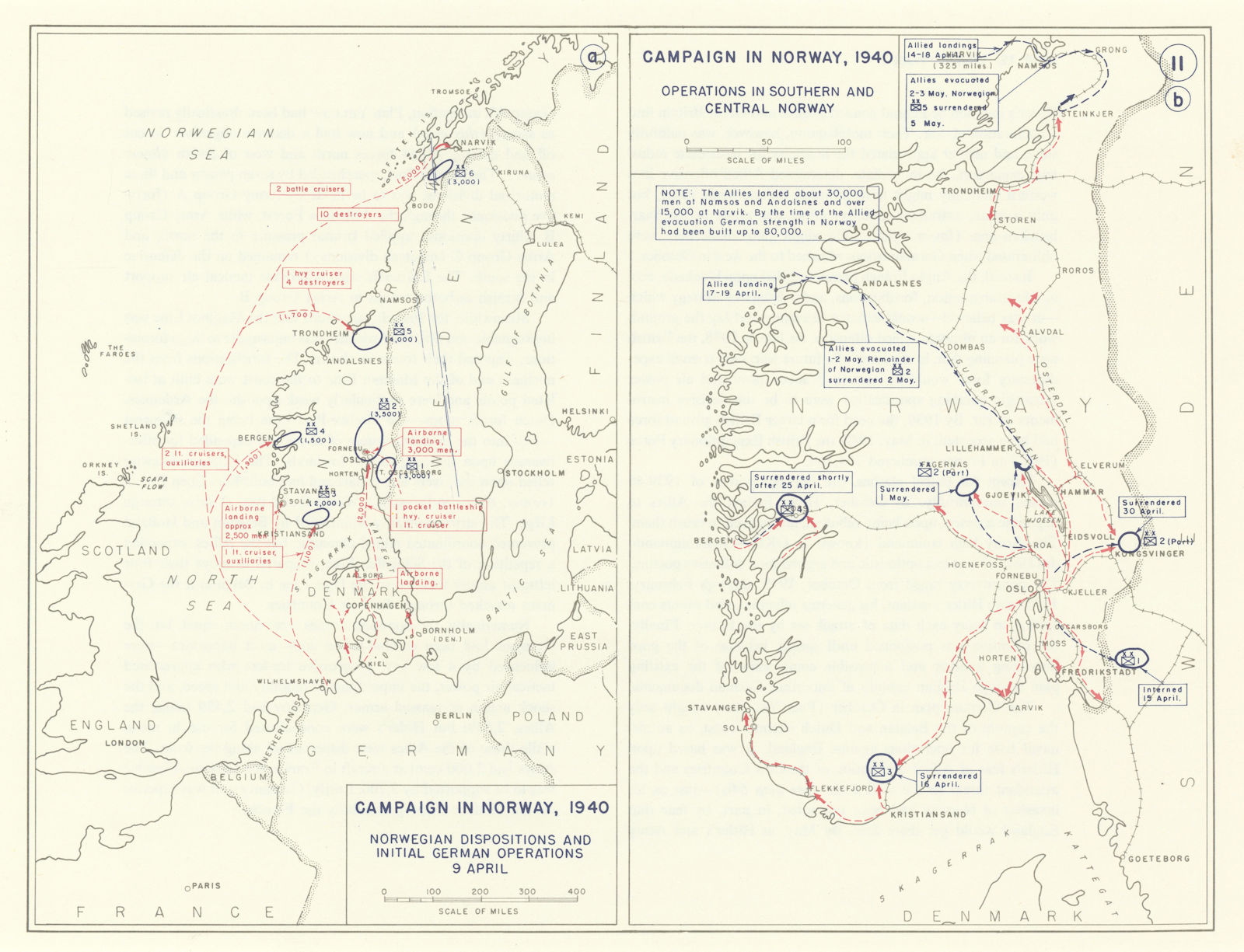 World War 2. Norway Campaign 1940. Norwegian Dispositions. German Ops 1959 map