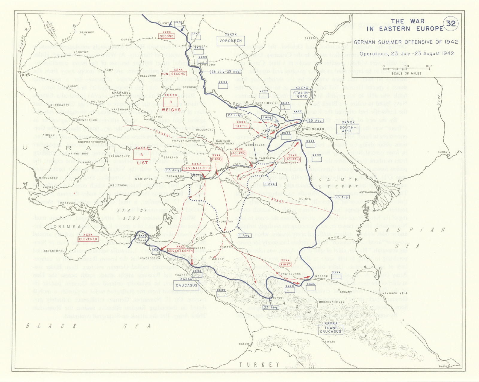 World War 2. Eastern Front. 28 June-23 Aug 1942 German Summer Offensive 1959 map