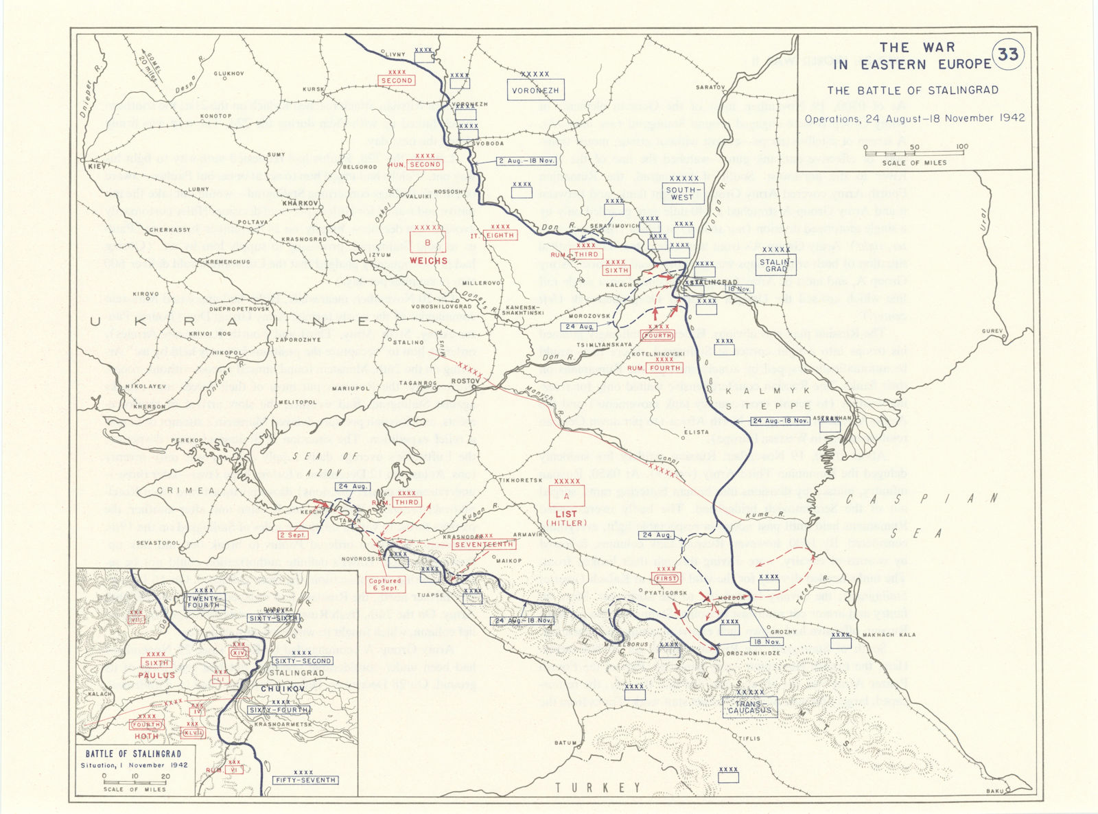 World War 2. Eastern Front. 24 August-18 Nov 1942 Battle of Stalingrad 1959 map
