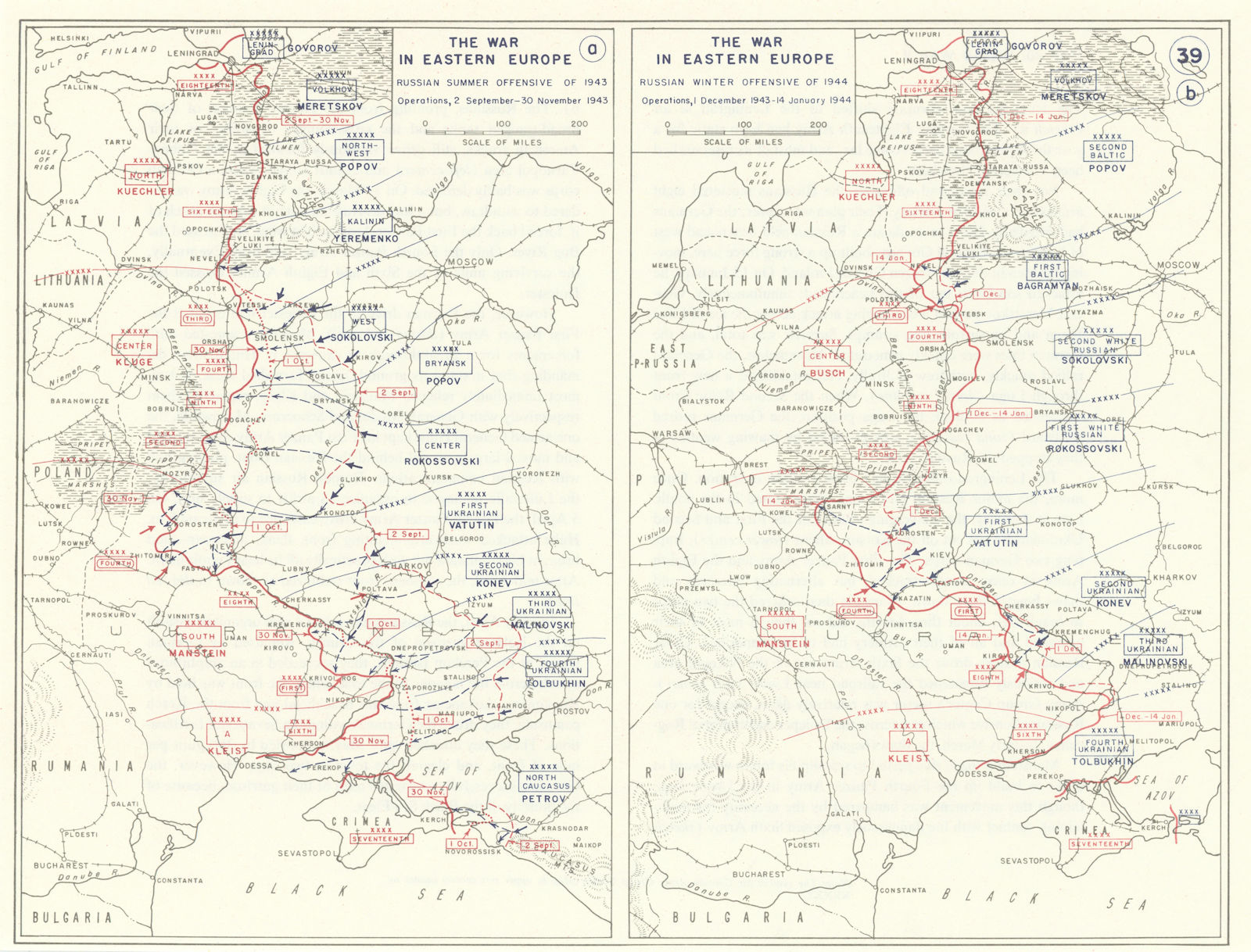 World War 2. Eastern Front. Sept 1943-Jan 1944 Russian Offensives 1959 old map