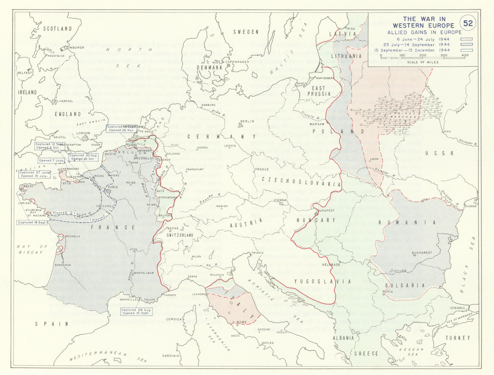 World War 2. June-December 1944 Allied Gains in Europe 1959 old vintage map