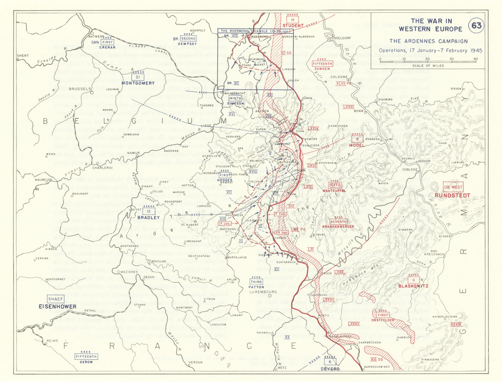 World War 2. Western Front 17 Jan-7 Feb 1945 Ardennes Offensive 1959 old map