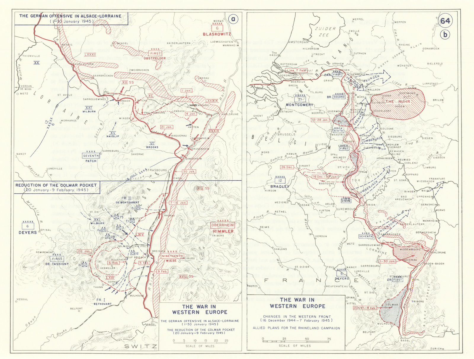 World War 2. Western Front Dec 1944-Feb 1945. Rhineland Alsace Colmar 1959 map
