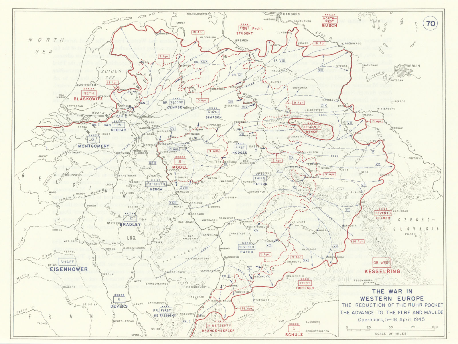 World War 2. April 5-18 1945. Ruhr Pocket. Advance to Elbe & Maulde 1959 map
