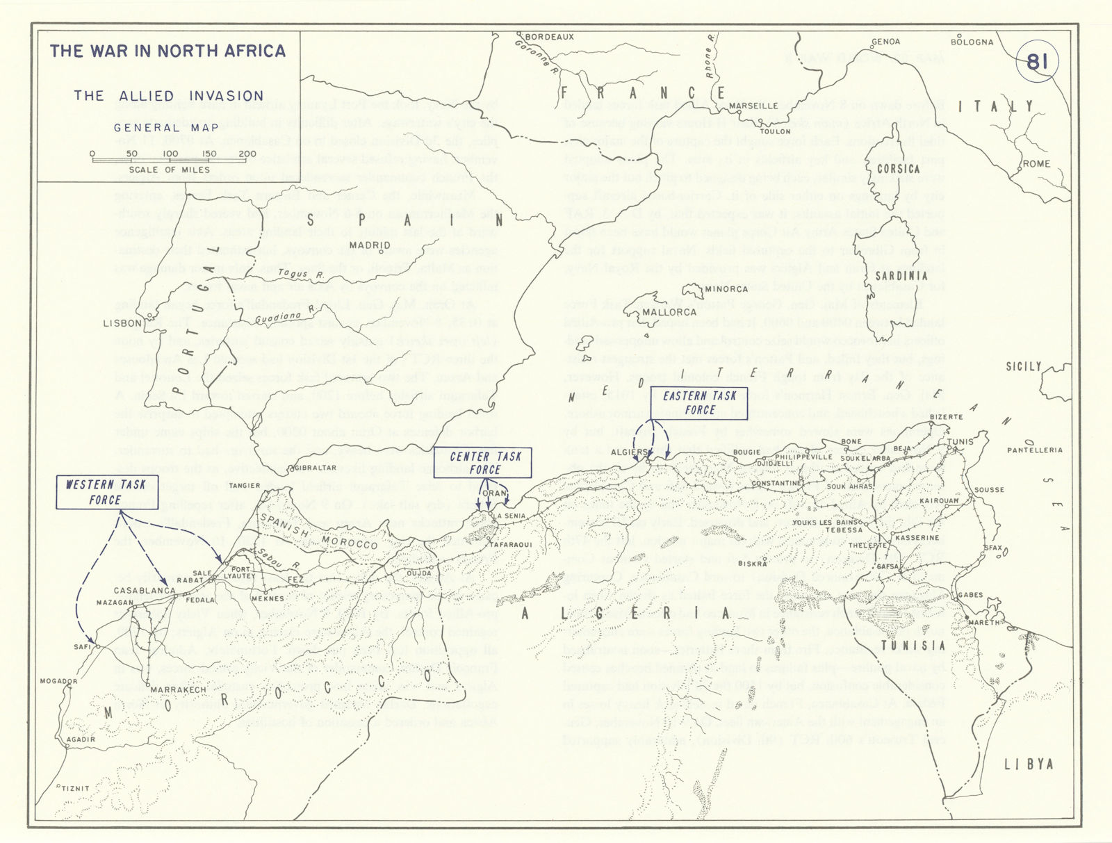 World War 2. Operation Torch 1942. North Africa. Allied Invasion 1959 old map