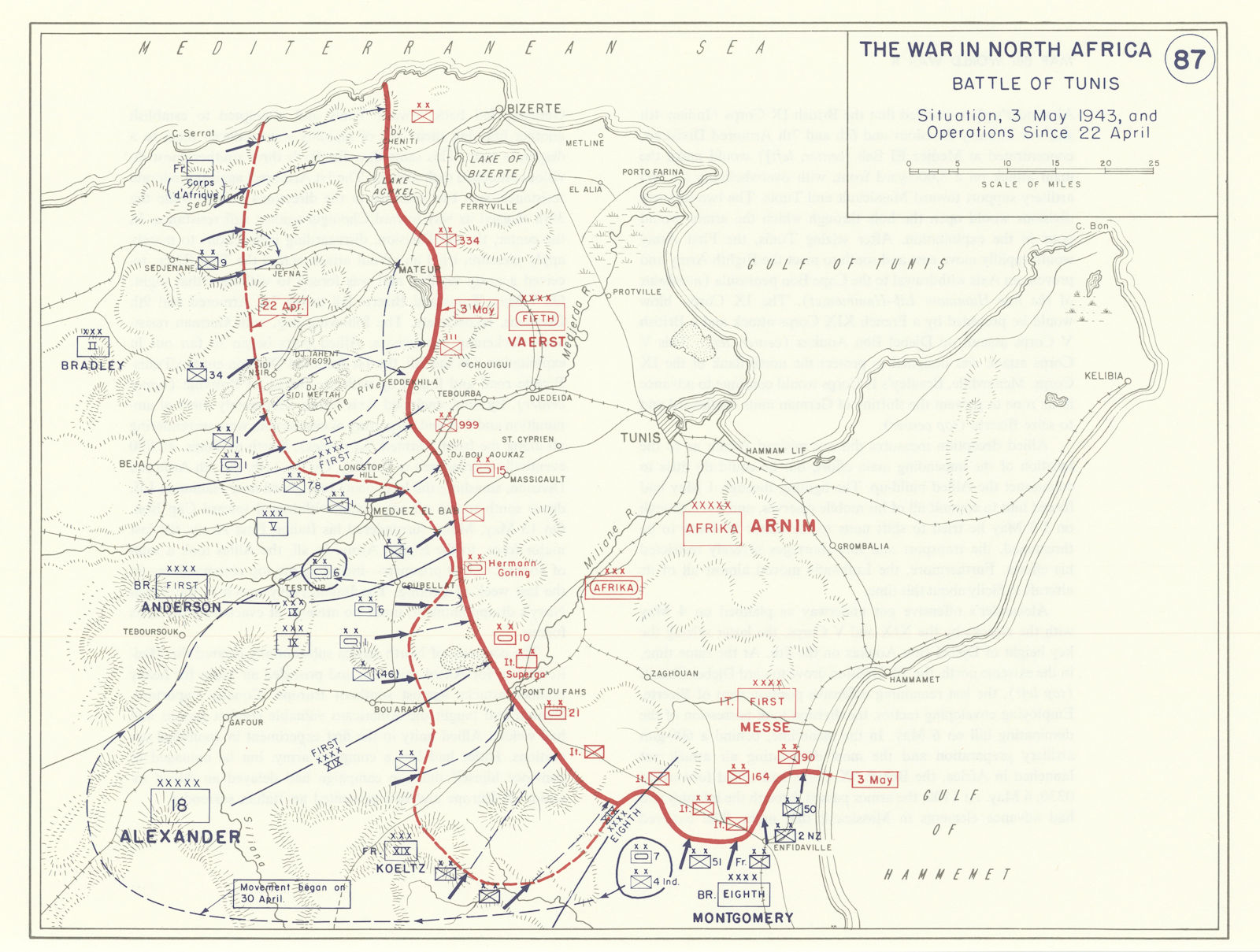 World War 2. North Africa. 22 April-3 May 1943. Battle of Tunis 1959 old map