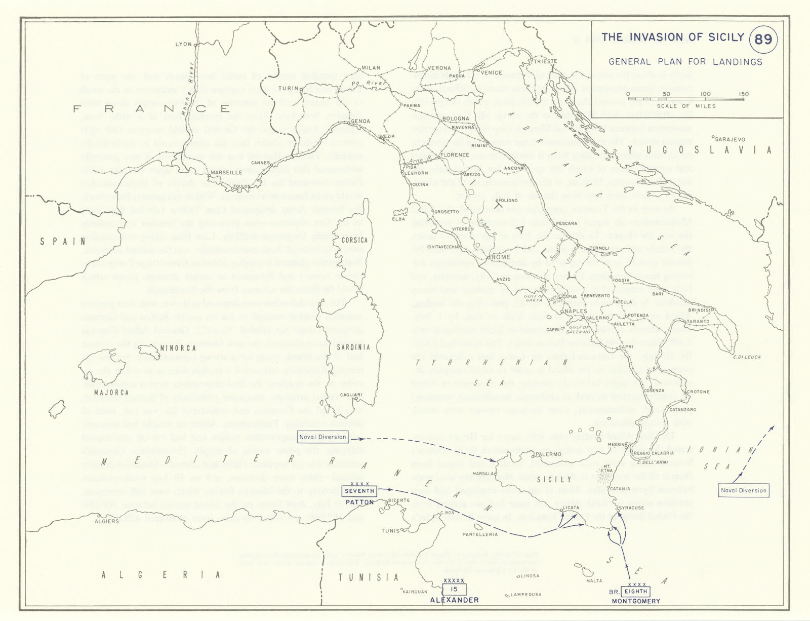 World War 2. Invasion of Sicily 1943. General plan for landings 1959 old map