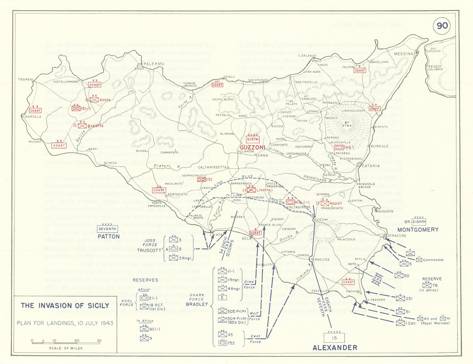 World War 2. Invasion of Sicily 10 July 1943. Plan for landings 1959 old map