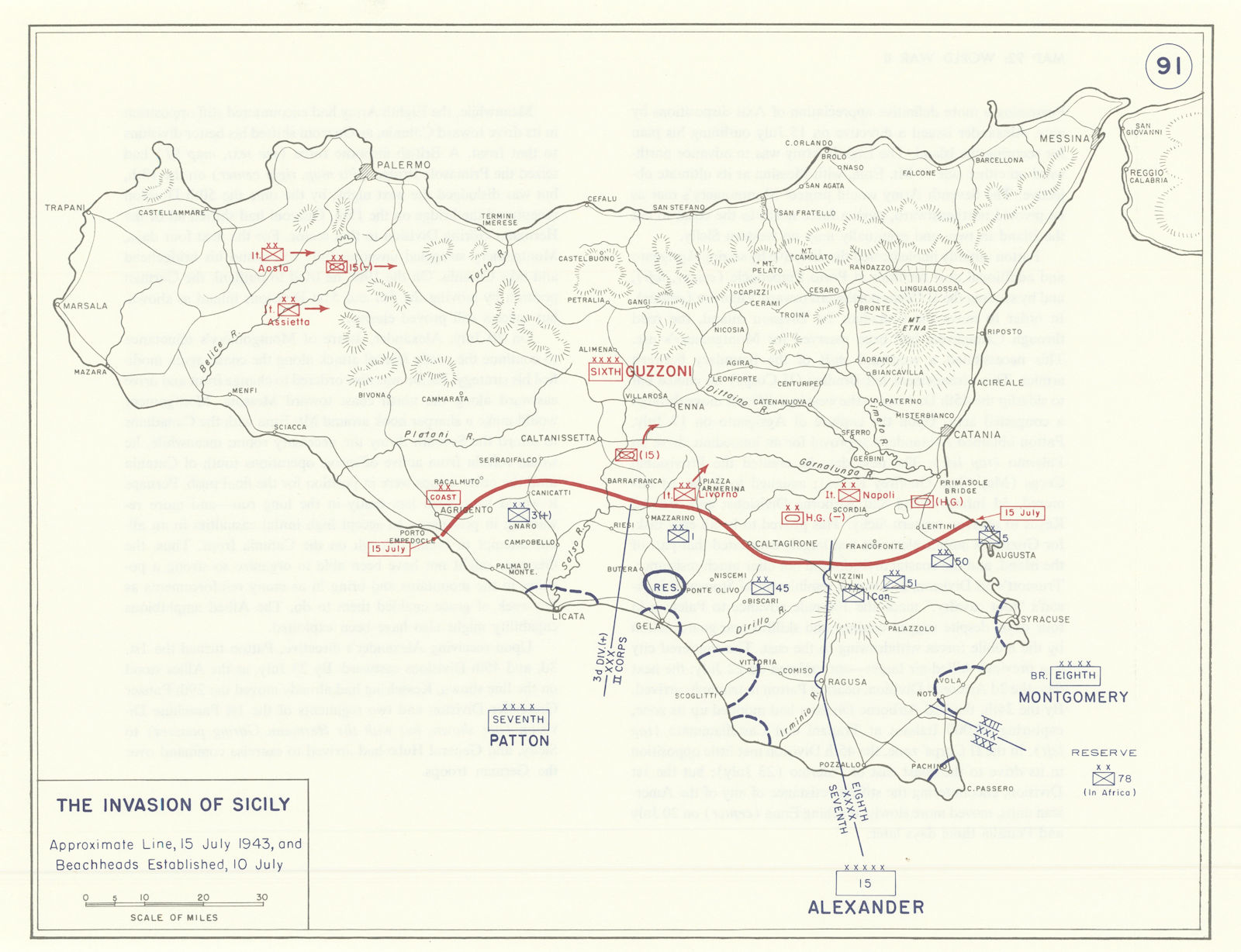 World War 2. Invasion of Sicily 10-15 July 1943 Beachheads & front line 1959 map
