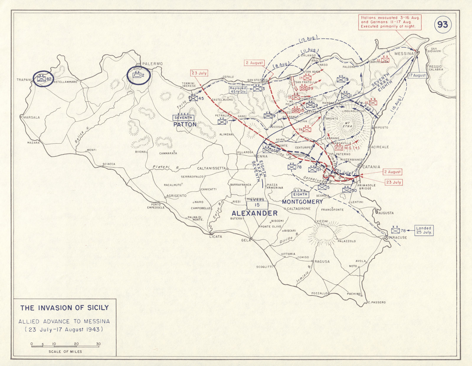 World War 2. Invasion of Sicily. 23 July-17 Aug 1943 Advance to Messina 1959 map