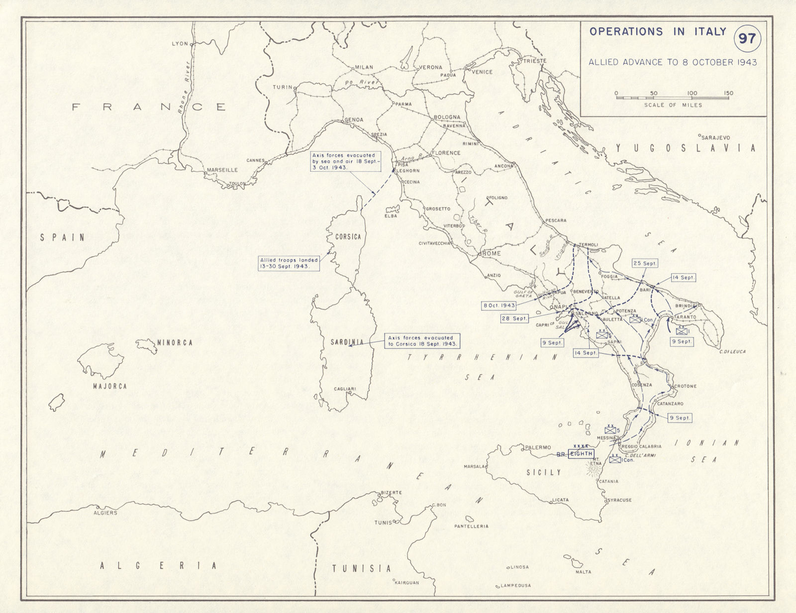 World War 2. Allied Advance to 8 October 1943. Invasion of Italy 1959 old map