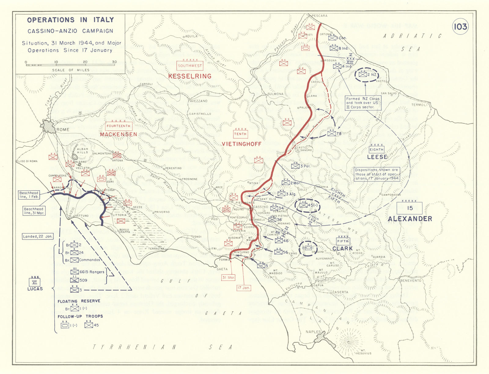 World War 2. Italy. 17 January-31 March 1944. Cassino-Anzio Campaign 1959 map